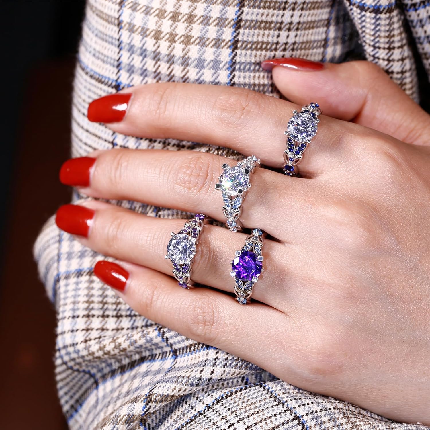 Jeulia 4.3 Carat Personalized Sterling Silver Butterfly Rings for Women Purple Amethyst Bridal Round Cut Wedding Engagement Eternity Valentine's Promise Ring Set