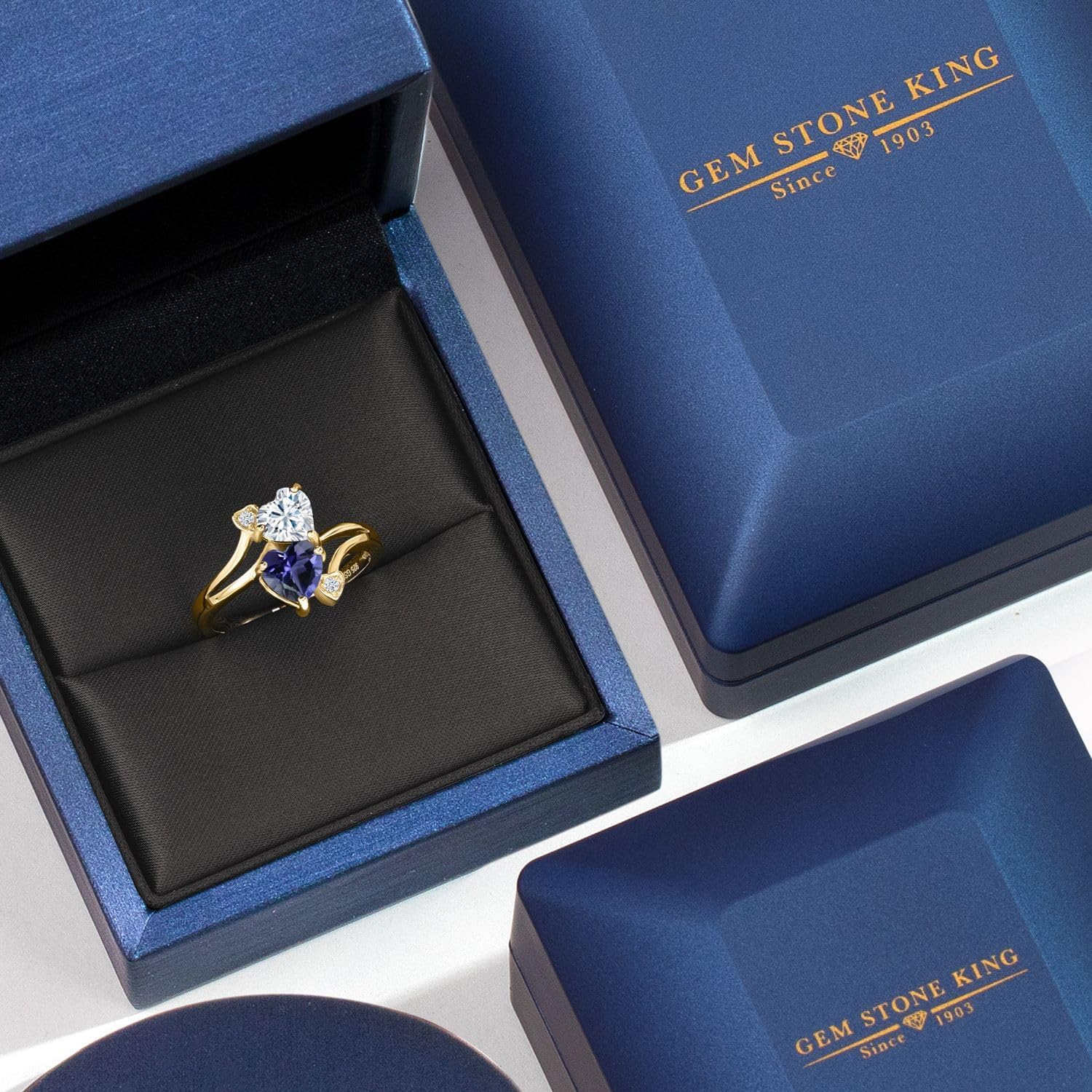 Gem Stone King 18K Yellow Gold Plated Silver Promise Customized Personalized and Engraving 2 Gemstone Birthstone For Her Heart Shape Name Engraved Engagement Ring For Women