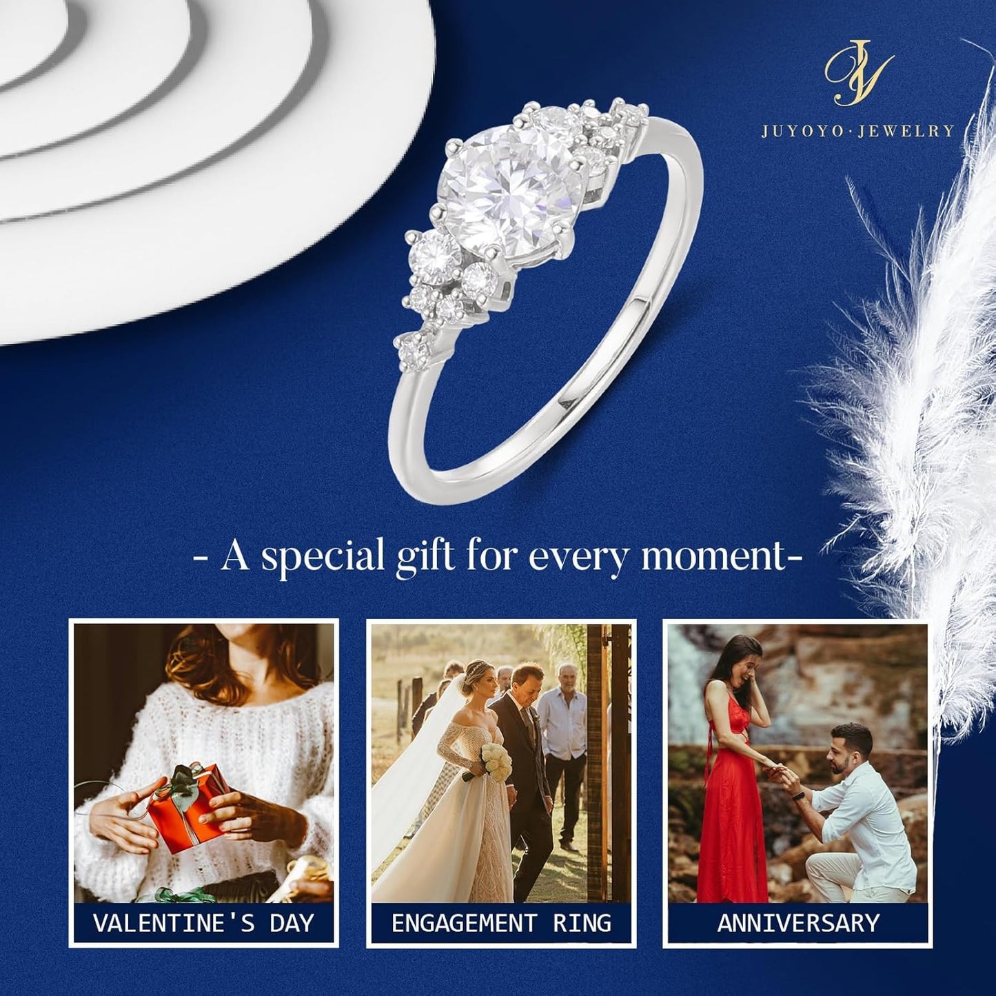 1CT Solitaire Moissanite Rings, 925 Sterling Silver Round Cut Engagement Ring for Women Wedding Bands Promise Rings Ideal Gift for Her