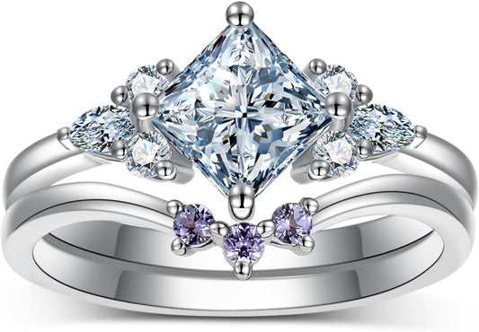 Princess-Cut Moissanite Engagement Rings Sets for Women,10K 14K 18K Solid Gold Amethyst Wedding Bands Sets,Bridal Ring Sets with Free Engraving