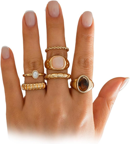 Boho Gold Stackable Rings for Women,Vintage Colorful Natural Stone Rings Set Trendy Hippie Statement Rings Pack,Charm Earthy Jewelry Accessories Gift