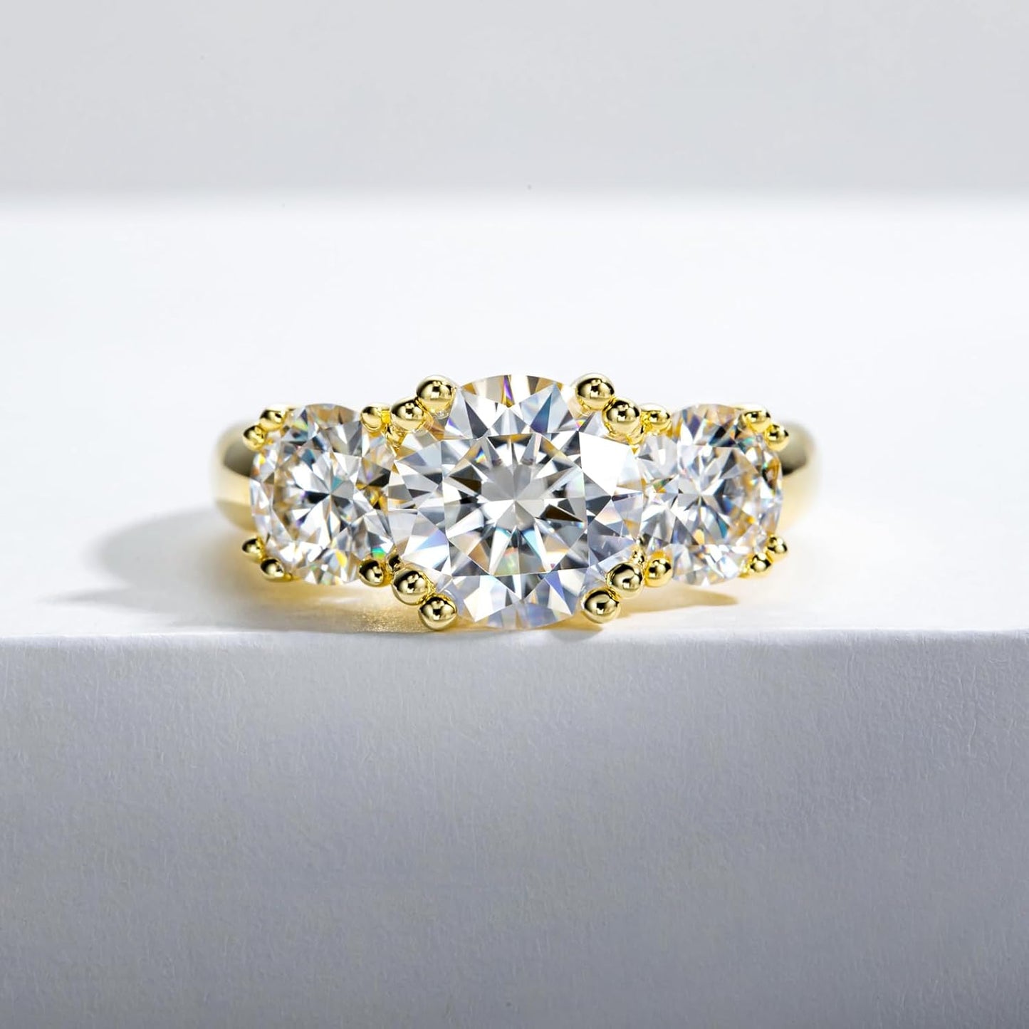 Idocare 3CT/5CT Moissanite Engagement 3 Stone Rings D Color VVS1 Round Cut 14K Yellow Gold Plated 925 Sterling Silver Promise Anniversary Rings for Women