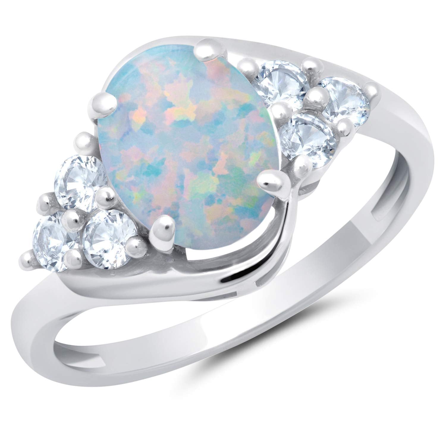 MAX + STONE Gemstone Oval Sunburst Halo Ring for Women in 10k White or Yellow Gold with Created White Sapphire and Birthstone Anniversary Ring Size 5 to 9
