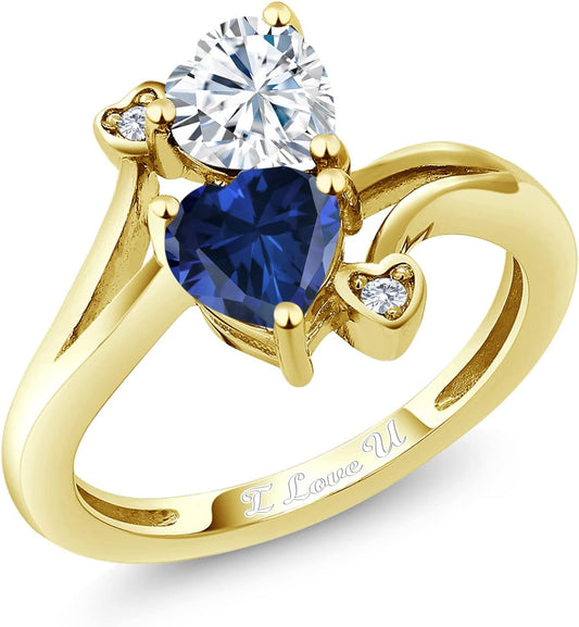 Gem Stone King 18K Yellow Gold Plated Silver Promise Customized Personalized and Engraving 2 Gemstone Birthstone For Her Heart Shape Name Engraved Engagement Ring For Women