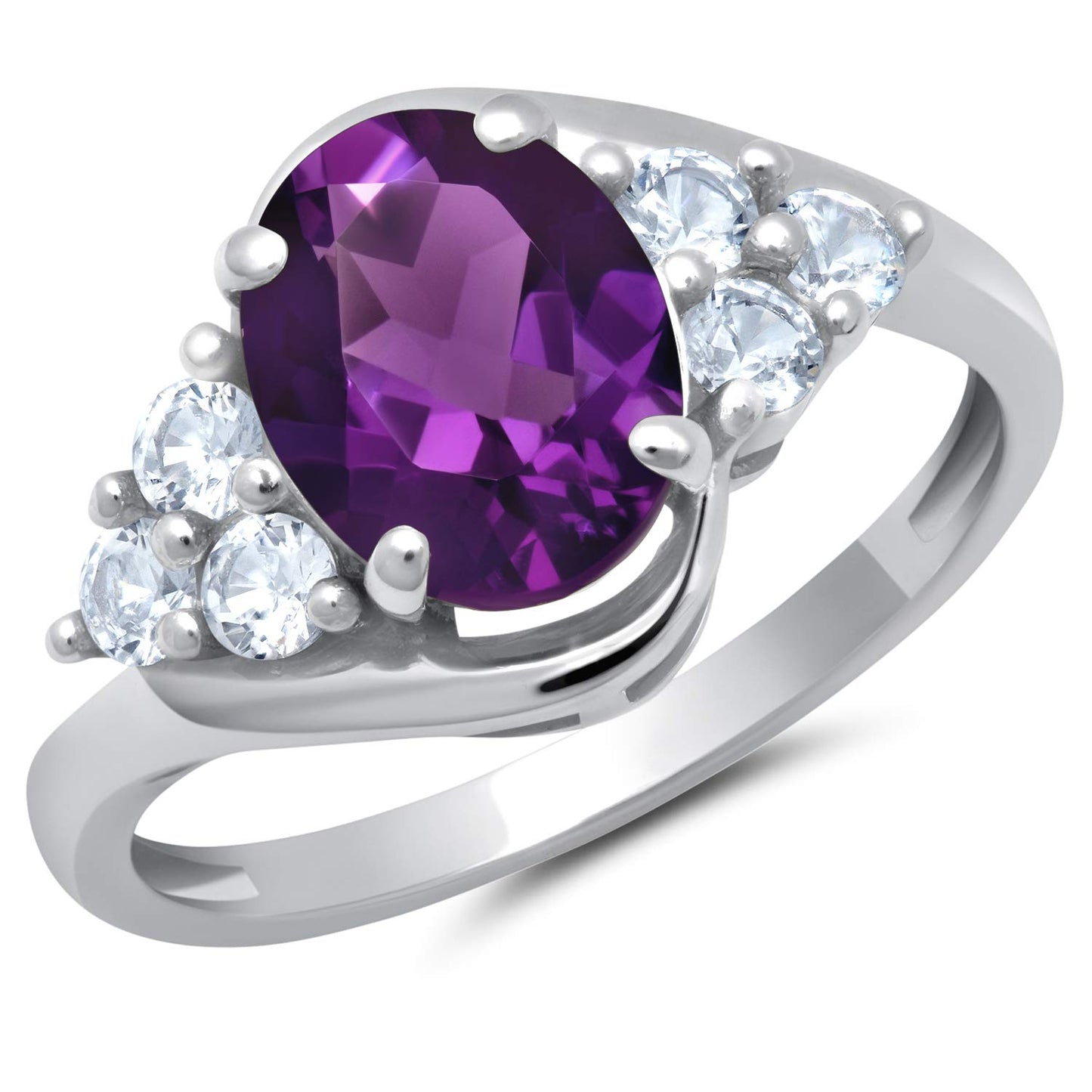 MAX + STONE Gemstone Oval Sunburst Halo Ring for Women in 10k White or Yellow Gold with Created White Sapphire and Birthstone Anniversary Ring Size 5 to 9
