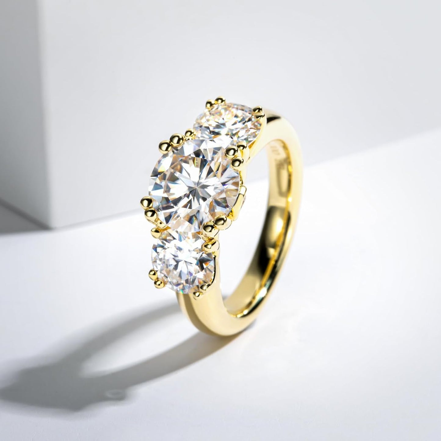 Idocare 3CT/5CT Moissanite Engagement 3 Stone Rings D Color VVS1 Round Cut 14K Yellow Gold Plated 925 Sterling Silver Promise Anniversary Rings for Women