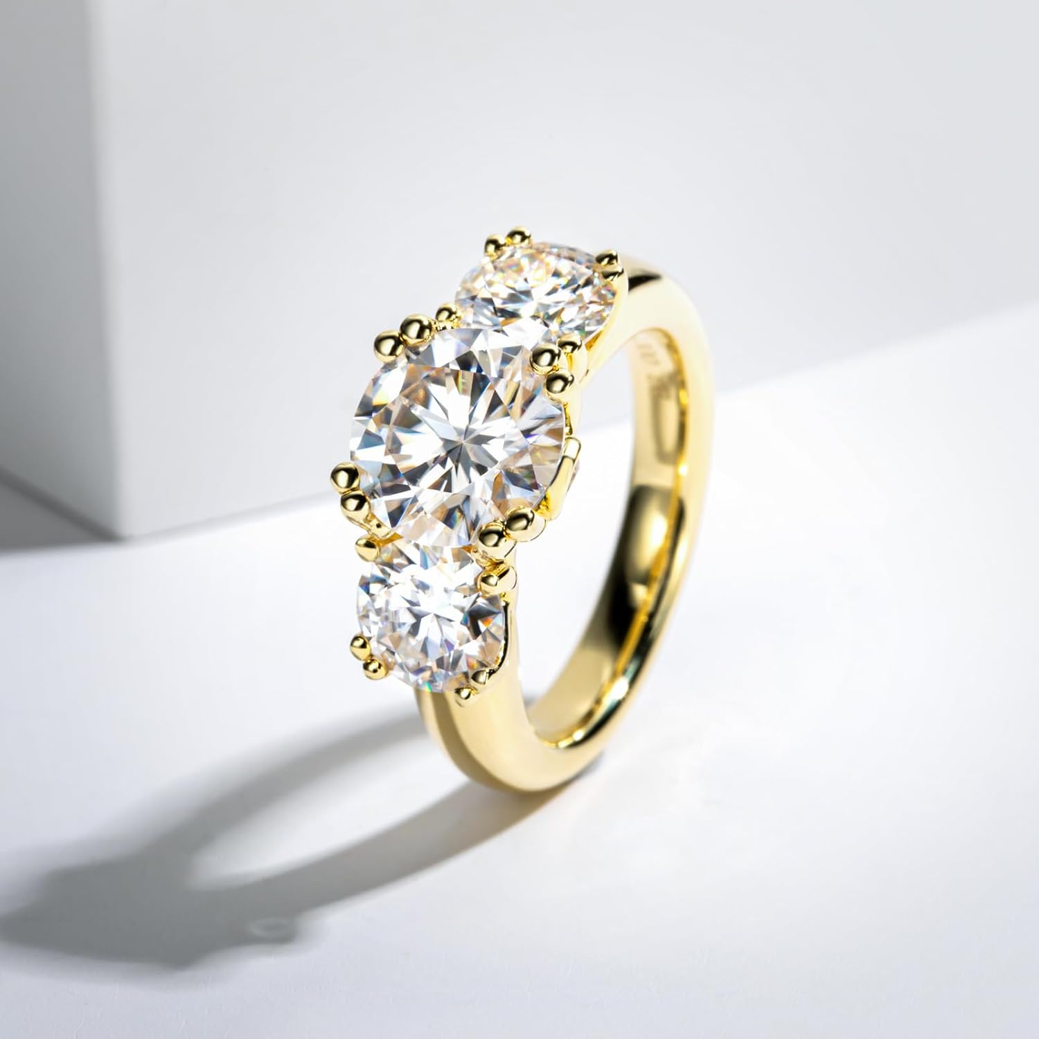 Idocare 3CT/5CT Moissanite Engagement 3 Stone Rings D Color VVS1 Round Cut 14K Yellow Gold Plated 925 Sterling Silver Promise Anniversary Rings for Women