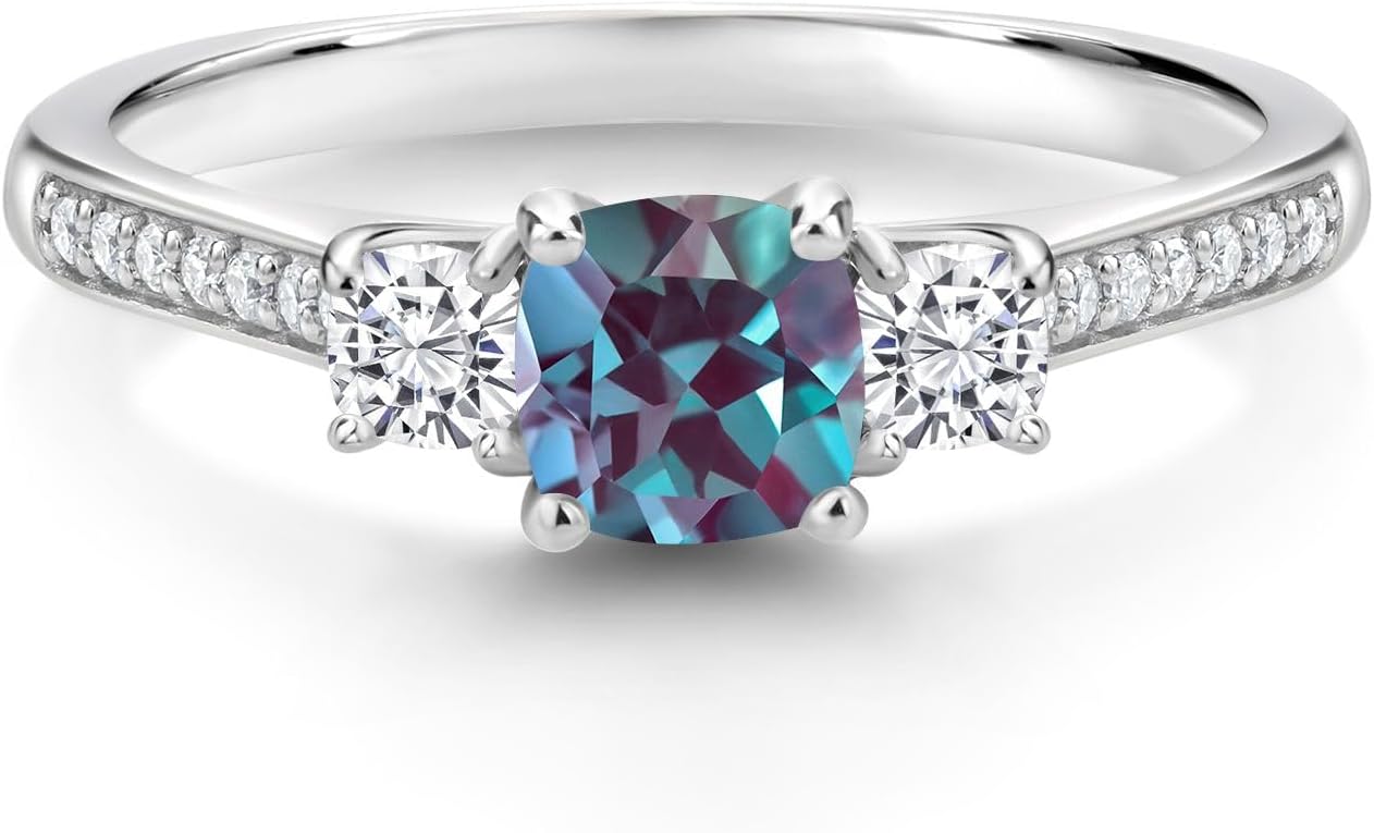 Gem Stone King 925 Sterling Silver Customized and Personalized 5MM and 3MM Cushion Cut Gemstone Birthstone and White Moissanite 3 Stone Name Engraved Engagement Ring For Women