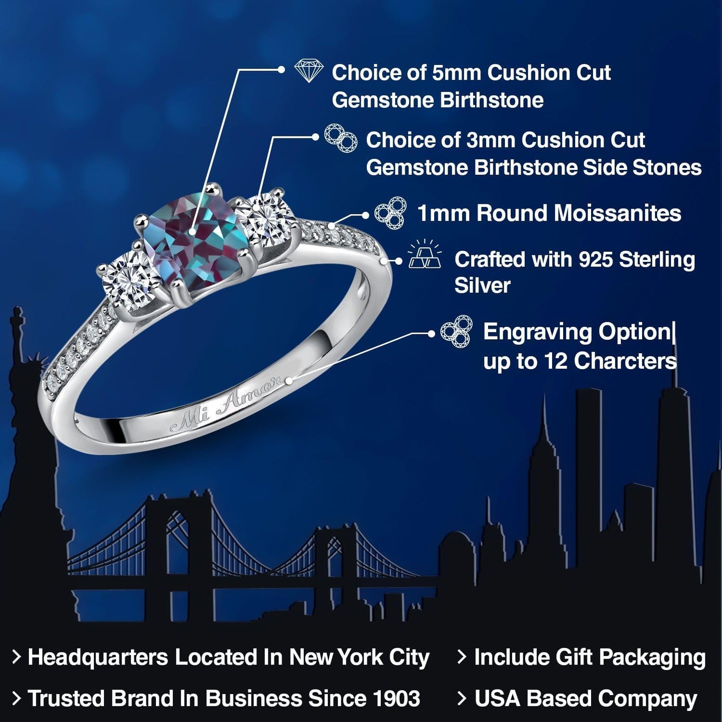 Gem Stone King 925 Sterling Silver Customized and Personalized 5MM and 3MM Cushion Cut Gemstone Birthstone and White Moissanite 3 Stone Name Engraved Engagement Ring For Women