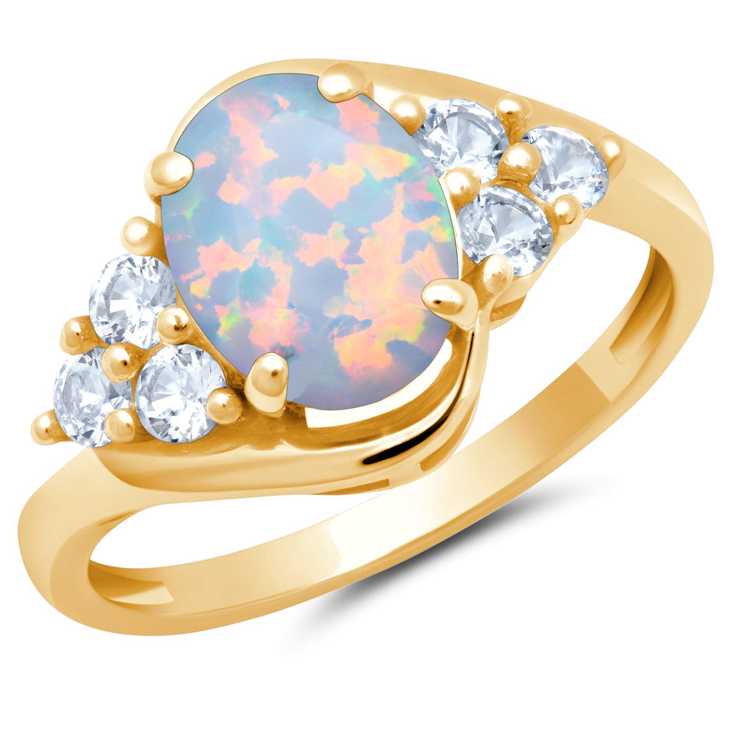 MAX + STONE Gemstone Oval Sunburst Halo Ring for Women in 10k White or Yellow Gold with Created White Sapphire and Birthstone Anniversary Ring Size 5 to 9