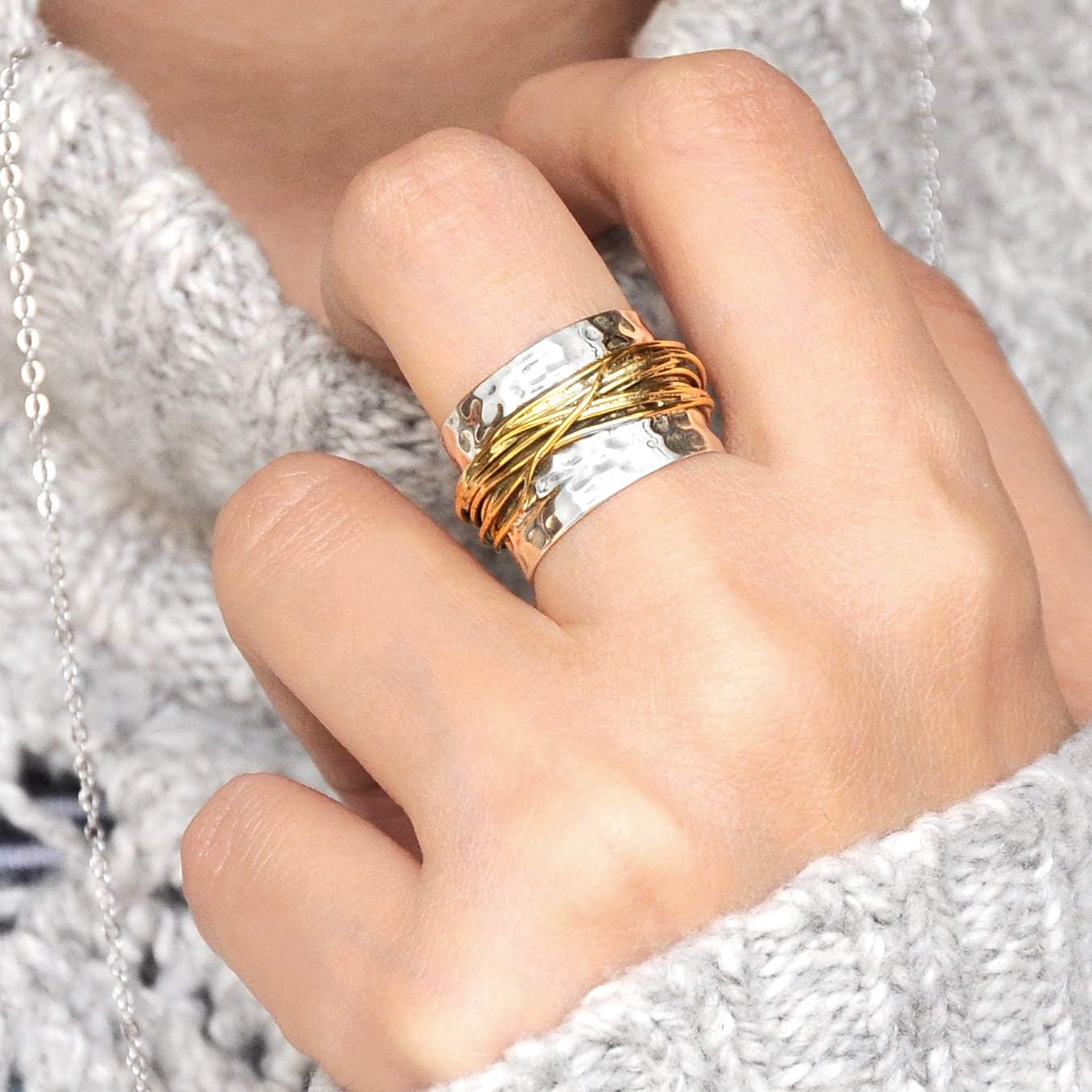 Boho-Magic 925 Sterling Silver Band Ring for Women with Brass Wrap Wide Statement Ring