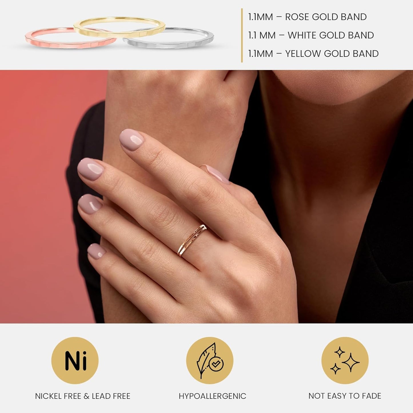 Takar Wedding Bands for Couples Dainty 10k Solid Yellow, White & Rose Gold Rings, 1mm Thin, Stackable Wedding Bands for Women, Sizes 4–12, Tarnish Free Gold Rings, Gold Band Ring