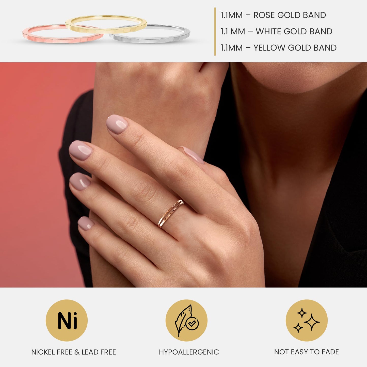 Takar Wedding Bands for Couples Dainty 10k Solid Yellow, White & Rose Gold Rings, 1mm Thin, Stackable Wedding Bands for Women, Sizes 4–12, Tarnish Free Gold Rings, Gold Band Ring