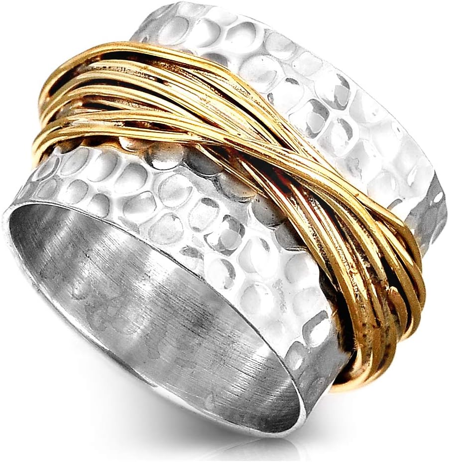 Boho-Magic 925 Sterling Silver Band Ring for Women with Brass Wrap Wide Statement Ring