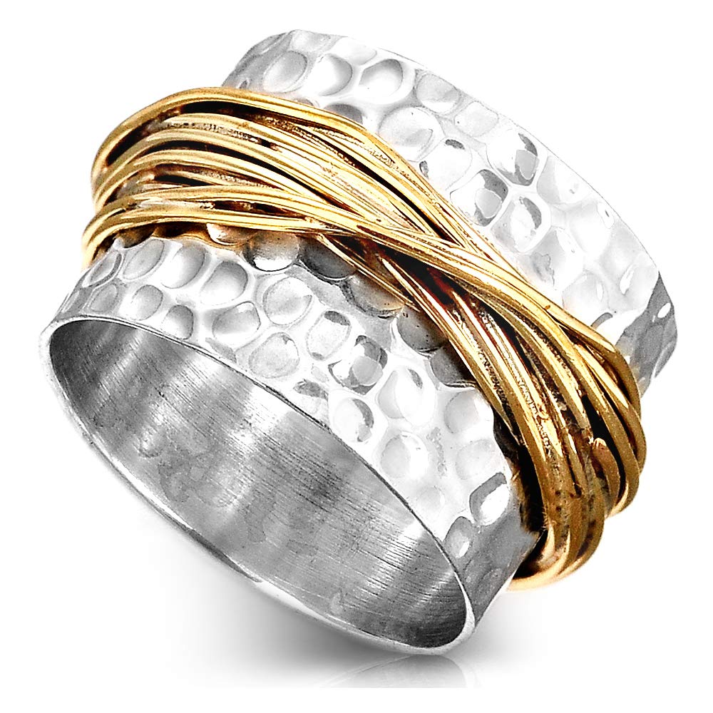 Boho-Magic 925 Sterling Silver Band Ring for Women with Brass Wrap Wide Statement Ring