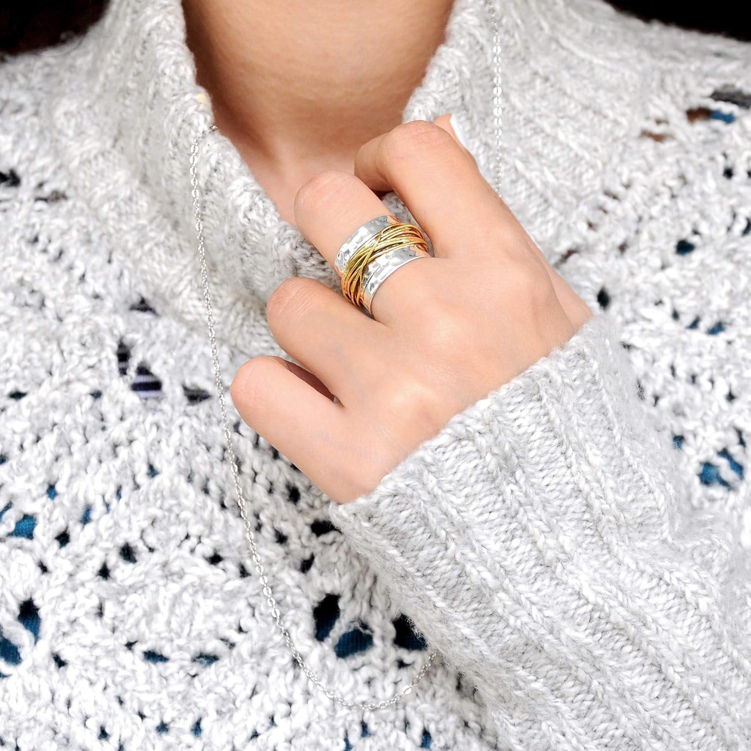 Boho-Magic 925 Sterling Silver Band Ring for Women with Brass Wrap Wide Statement Ring