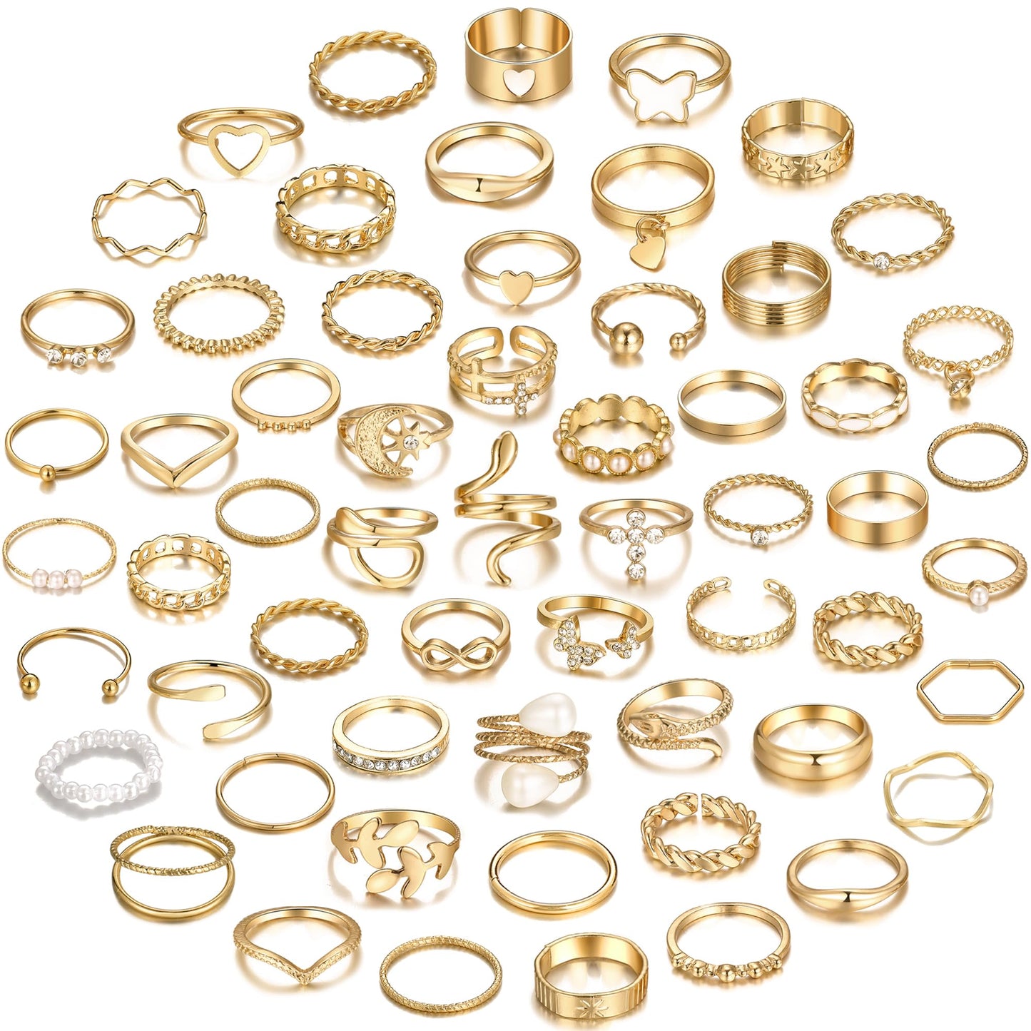 YEEZII 68 Pcs Gold Knuckle Rings Set for Women, Stackable Boho Joint Finger Midi Rings Silver Hollow Carved Crystal Stacking Ring Pack for Gift