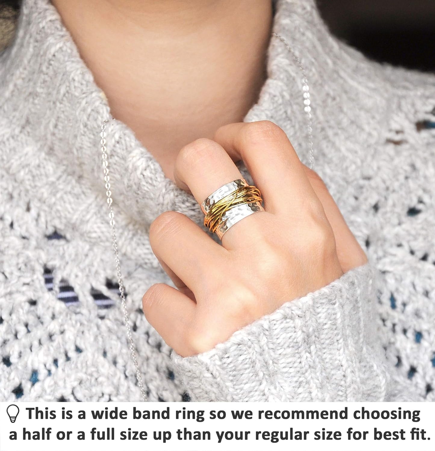 Boho-Magic 925 Sterling Silver Band Ring for Women with Brass Wrap Wide Statement Ring