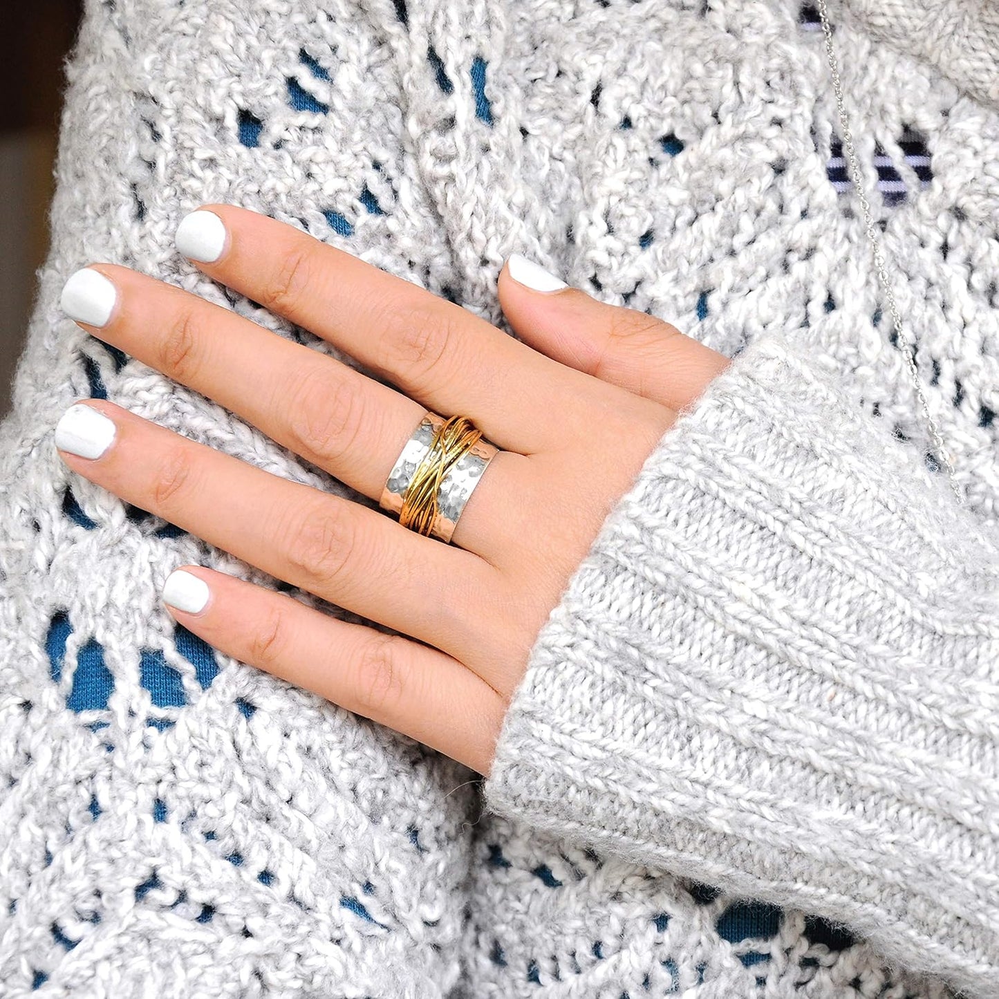 Boho-Magic 925 Sterling Silver Band Ring for Women with Brass Wrap Wide Statement Ring