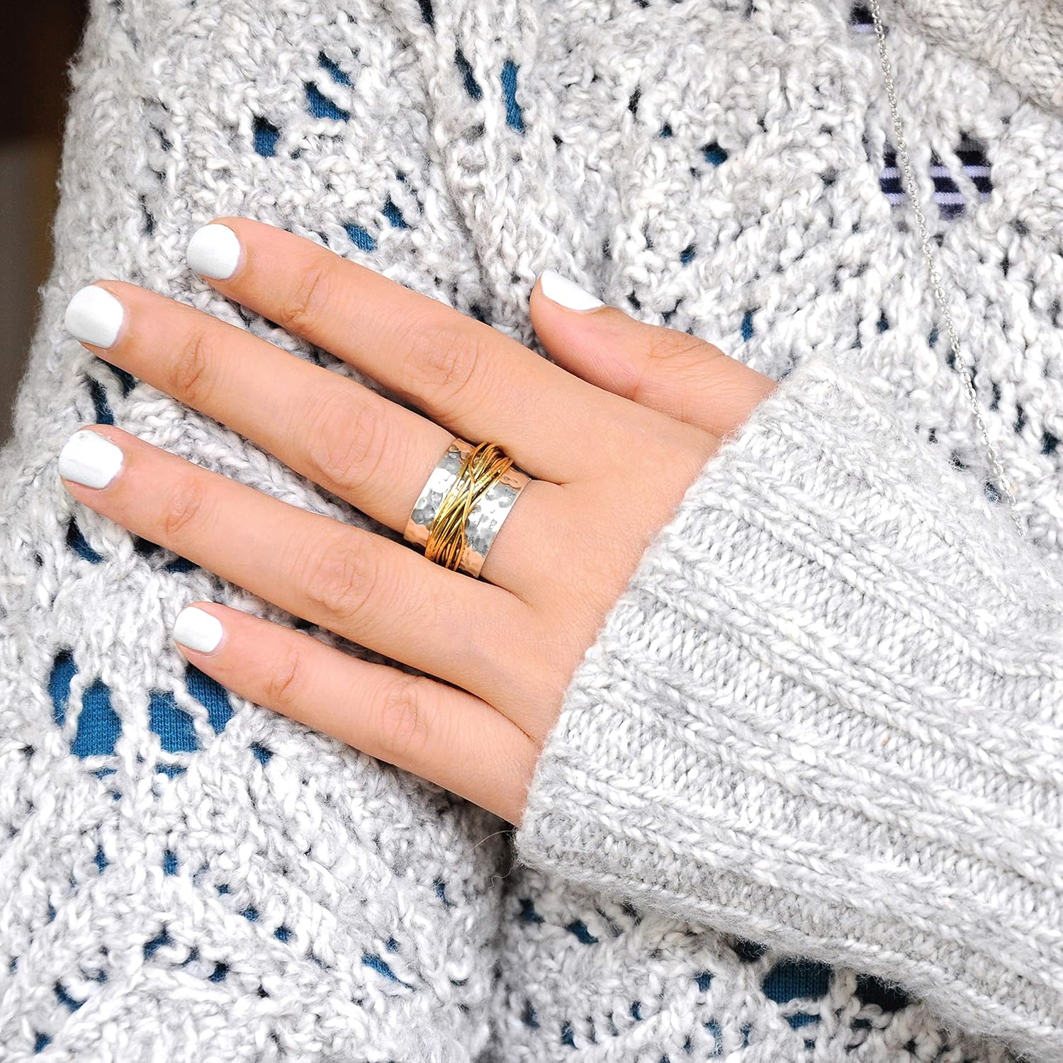 Boho-Magic 925 Sterling Silver Band Ring for Women with Brass Wrap Wide Statement Ring