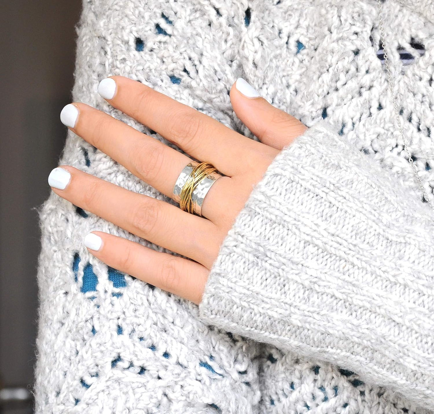 Boho-Magic 925 Sterling Silver Band Ring for Women with Brass Wrap Wide Statement Ring