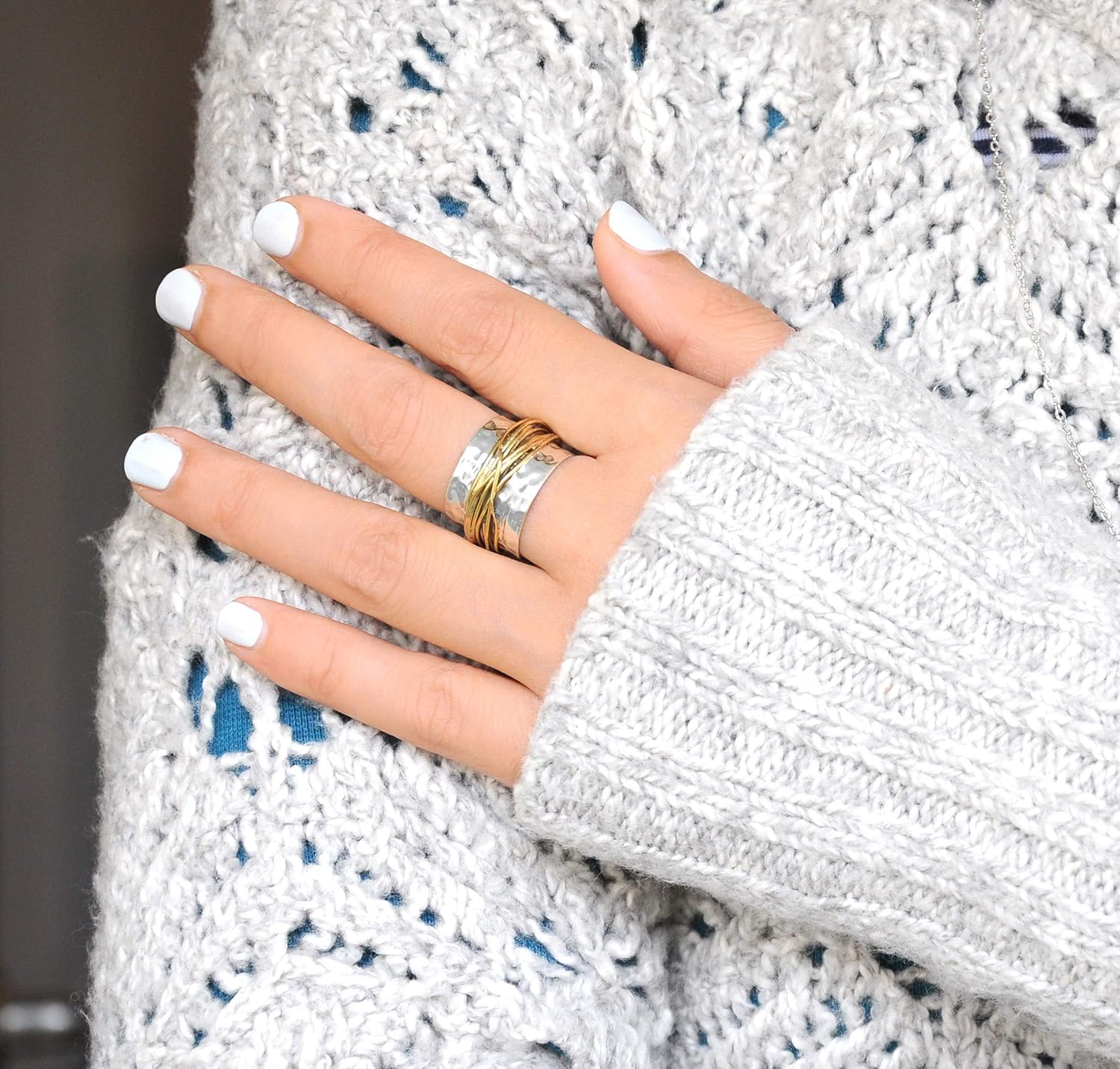 Boho-Magic 925 Sterling Silver Band Ring for Women with Brass Wrap Wide Statement Ring